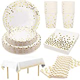 Juego de 24 platos biodegradables para invitados, platos de papel de Navidad de oro blanco, servilletas, vasos, pajitas, mantel para aniversario, boda, despedida de soltera, fiesta de compromiso, platos de papel de Navidad, color blanco